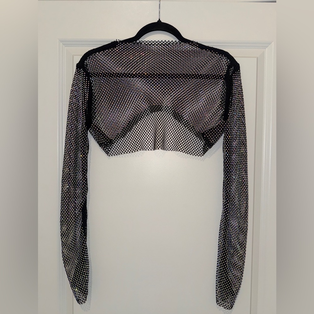 Black Mesh Iridescent Rhinestone Shrug Top